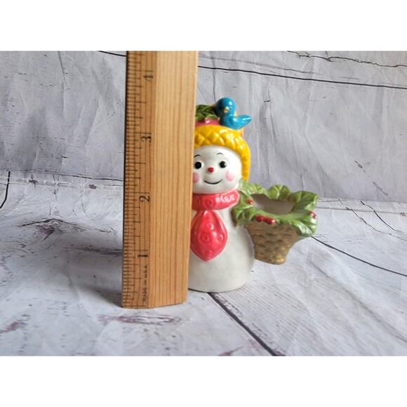 Vintage Napcoware Napco Mrs. Snowman 4in Candle Holder Holly Basket - Picture 6 of 6